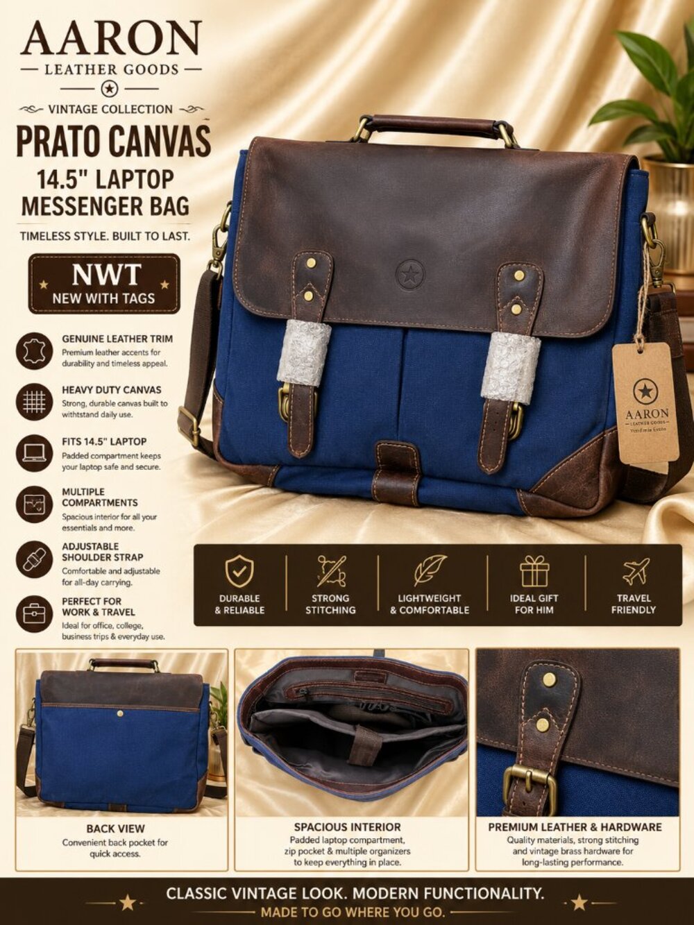 NWT Aaron Leather Goods Prato Canvas 14.5" Vintage Laptop Messenger Bag